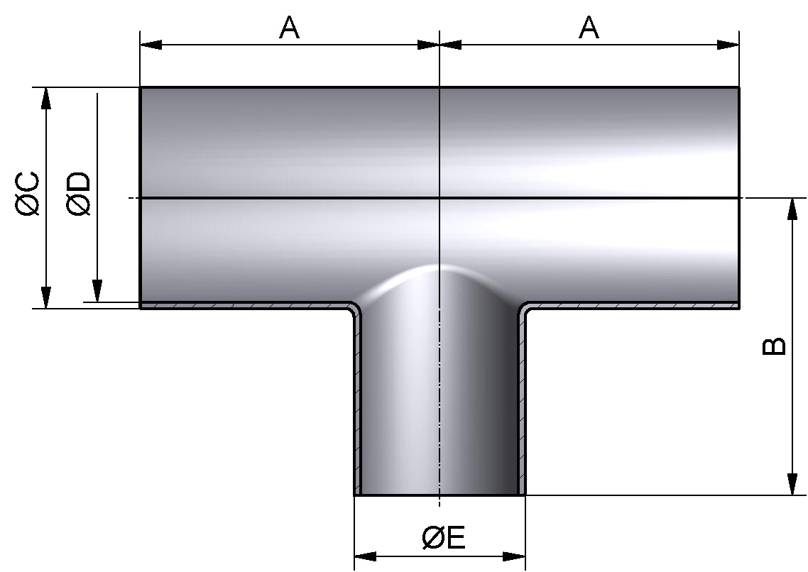T-STÜCK EN10374-TRL DN125-80 304L U POL 129x2,0-85x2,0